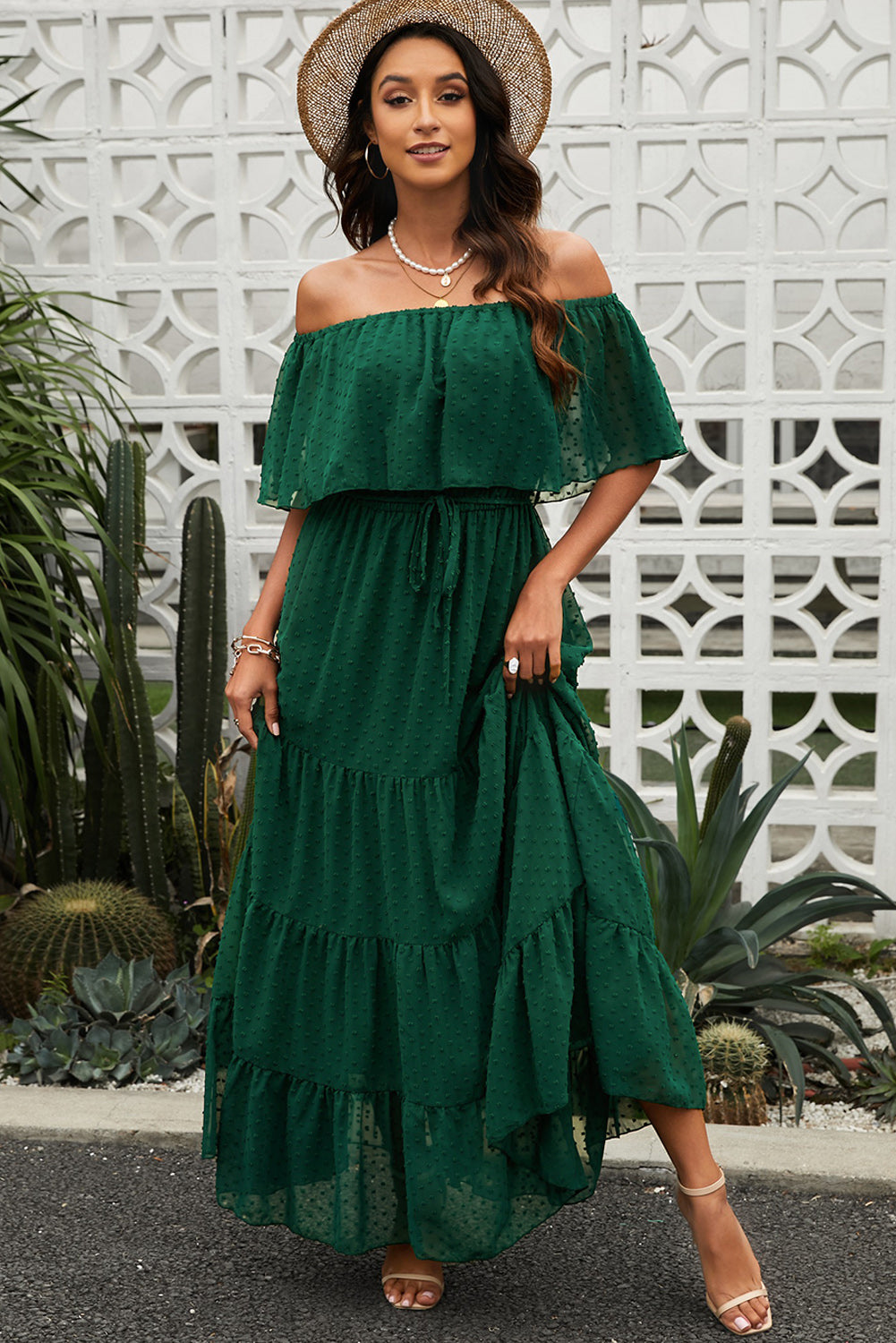 Mesh Around Off-Shoulder Maxi Dress in Yellow, Green, Sky Blue, and Red