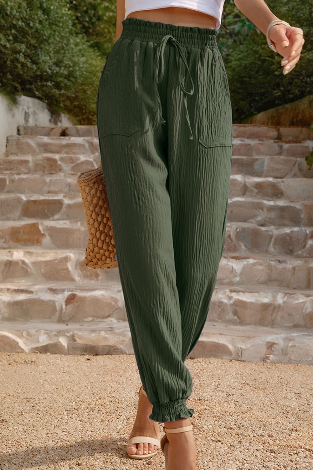 Textured Smocked Pants with Patch Pockets in Sage, Hunter Green, Ivory, and Blue