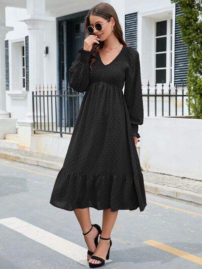 Zoe Swiss Dot V-Neck Smocked Lantern Sleeve Ruffle Hem Dress | 4 Colors