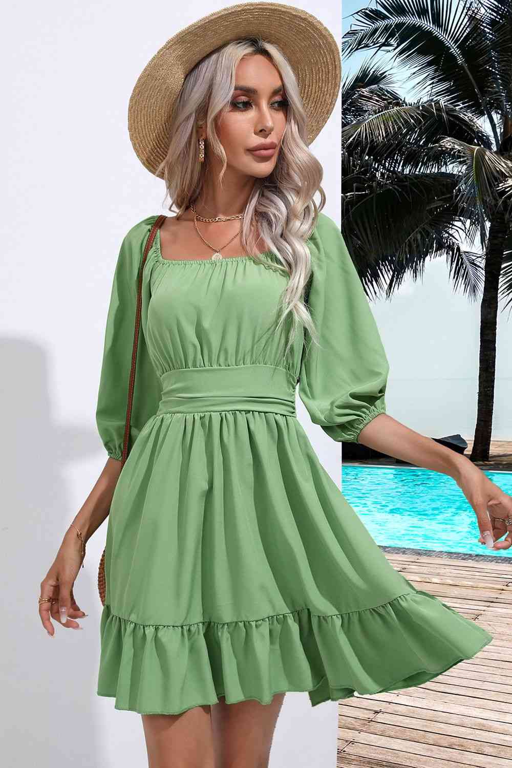 Sofia Square Neck Tie Back Ruffle Hem Mini Peasant Dress | 5 Colors | Poundton Blush Pink / XL Sofia Square Neck Tie Back Ruffle Hem Mini Peasant Dress | 5 Colors | Poundton Blush Pink / XL