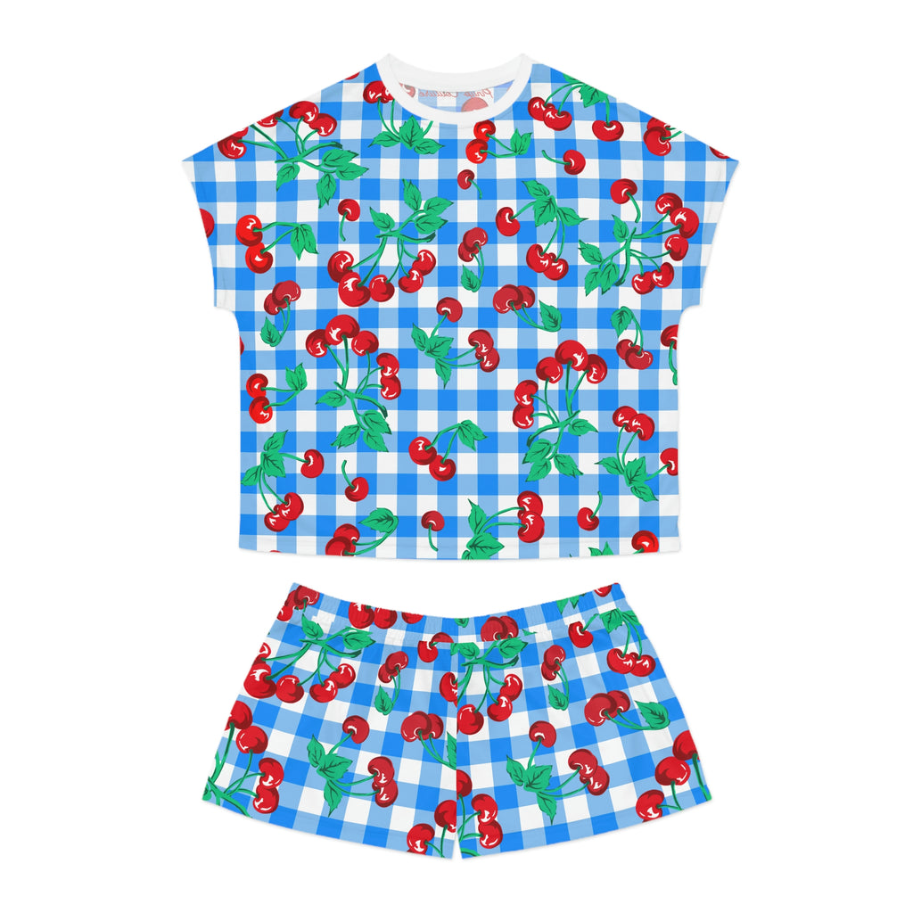 TGIF Sleepover PJs in Blue & White Gingham Cherry Girl Tee & Pajama Shorts-Set