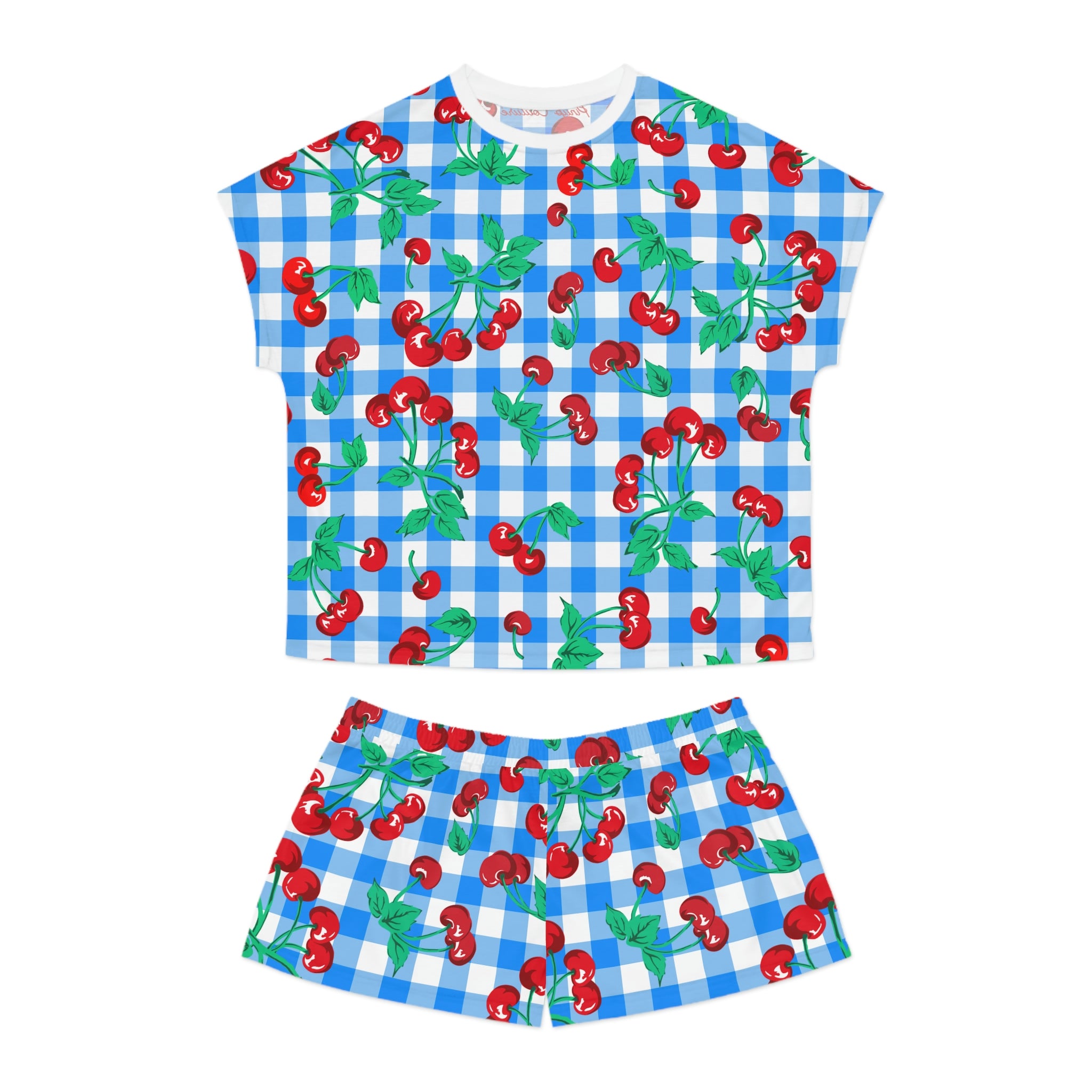 TGIF Sleepover PJs in Blue & White Gingham Cherry Girl Tee & Pajama Shorts-Set