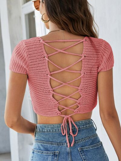 Miami Nights Lace-Up Openwork Crop Crochet Knit Sweater | 8 Colors | Poundton