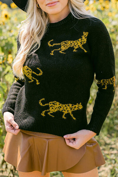 Gold Leopard Round Neck Sweater in Black