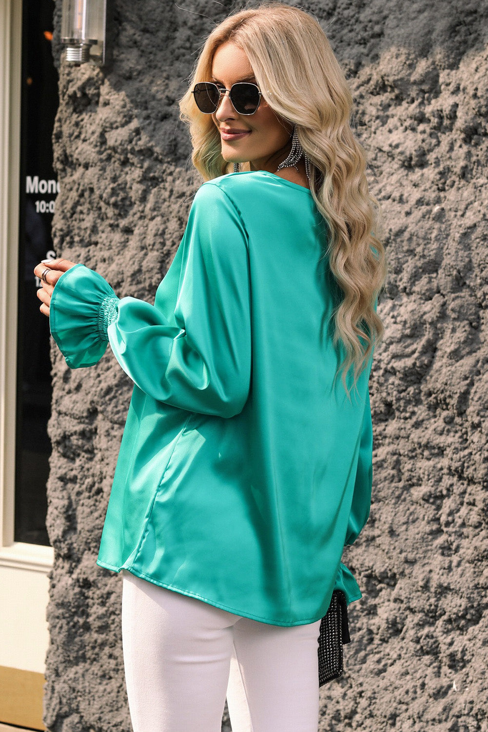 Flounce About Long-sleeve Blouse in Turquoise