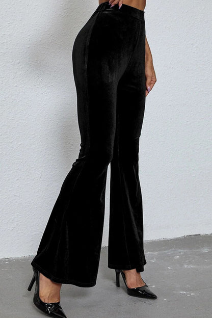 Prrrr Black Velvet High Waist 90s Flare Leggings | Poundton