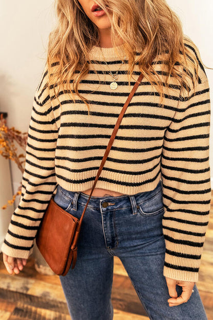 Sophie Striped Round Neck Long Sleeve Cropped Sweater in Mustard