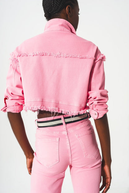 Cropped Denim Trucker Jacket | Color Pink | Q2