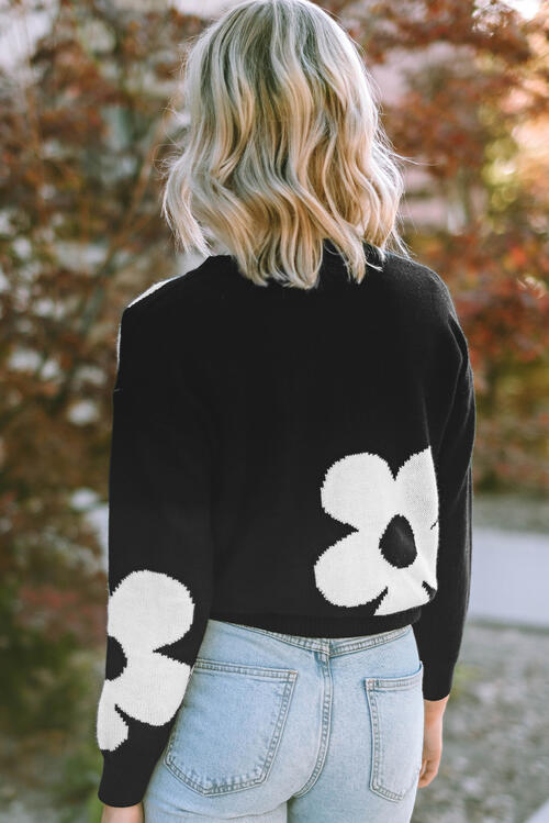 Erin Long Sleeve Sweater with Floral Pattern Color Contrast Design | 4 Colors