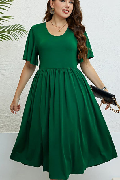 Ivy Flutter Sleeve Round Neck Summer Midi Dress in Forest Green | Plus Size