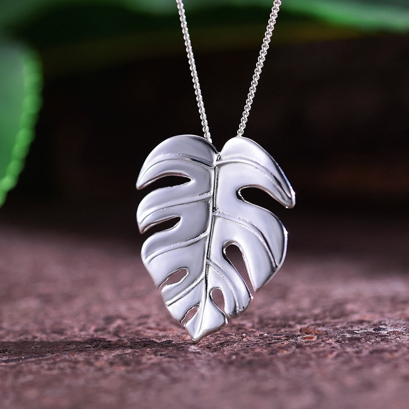 Sterling Silver or 18K Gold Monstera Leaves Tropical Design Pendant Necklace | Lotus Fun