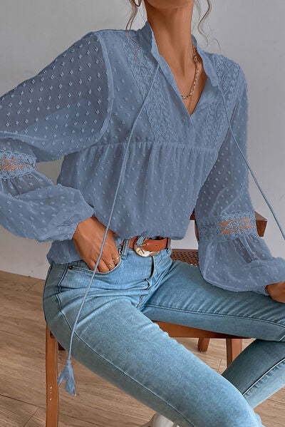 Amelia Cottagecore Swiss Dot Oversized Lace Detail Tie Neck Shirt | 4 Colors