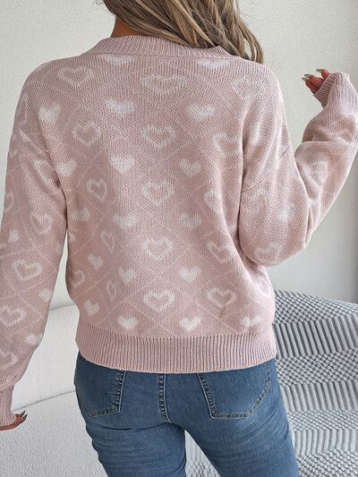 Mabel Heart Pattern V-Neck Long Sleeve Graphic Sweater | 3 Colors | Poundton