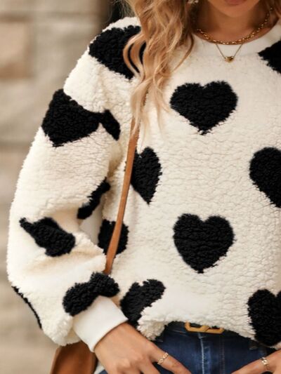 Soft Hearts Dropped Shoulder Heart Print Fuzzy Sweatshirt | 3 Colors | Poundton