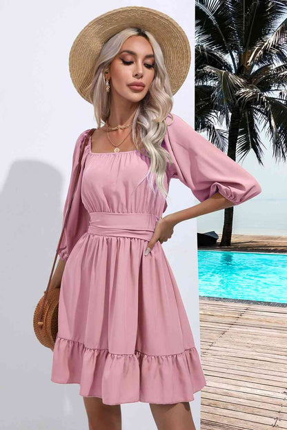 Sofia Square Neck Tie Back Ruffle Hem Mini Peasant Dress | 5 Colors