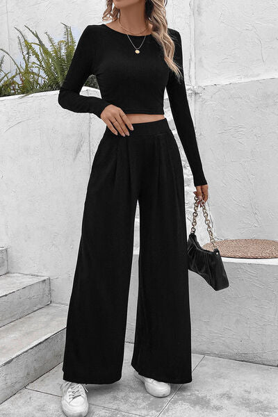 Concordia Round Neck Top and Ribbed Knit Wide-Leg Lounge Pants | 3 Colors