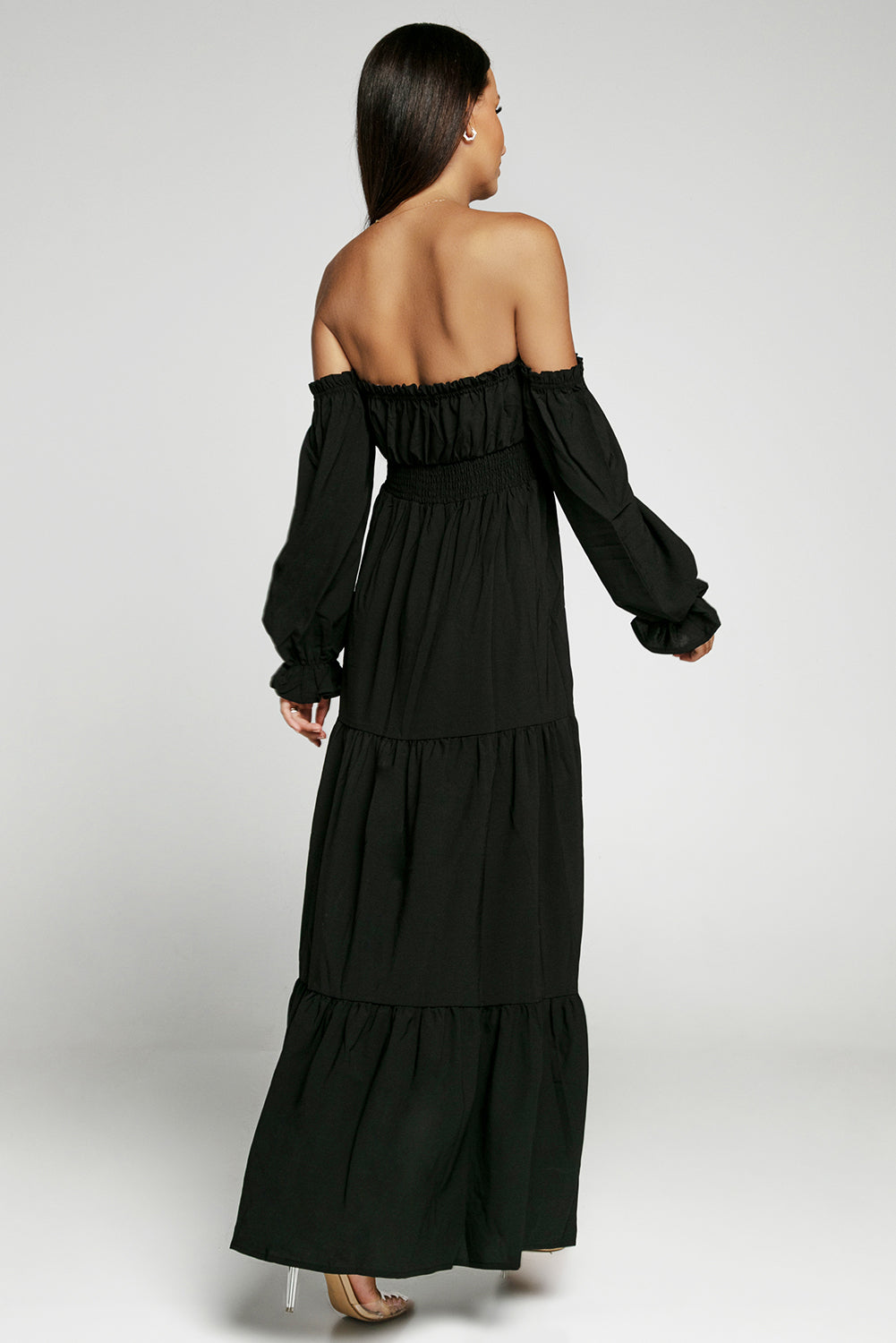 Smoldering Off-Shoulder Smocked Tiered Maxi Dress in Black