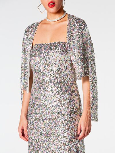 Lucille Sequin Cardigan and Straight Dress Set in Sparkly Silver