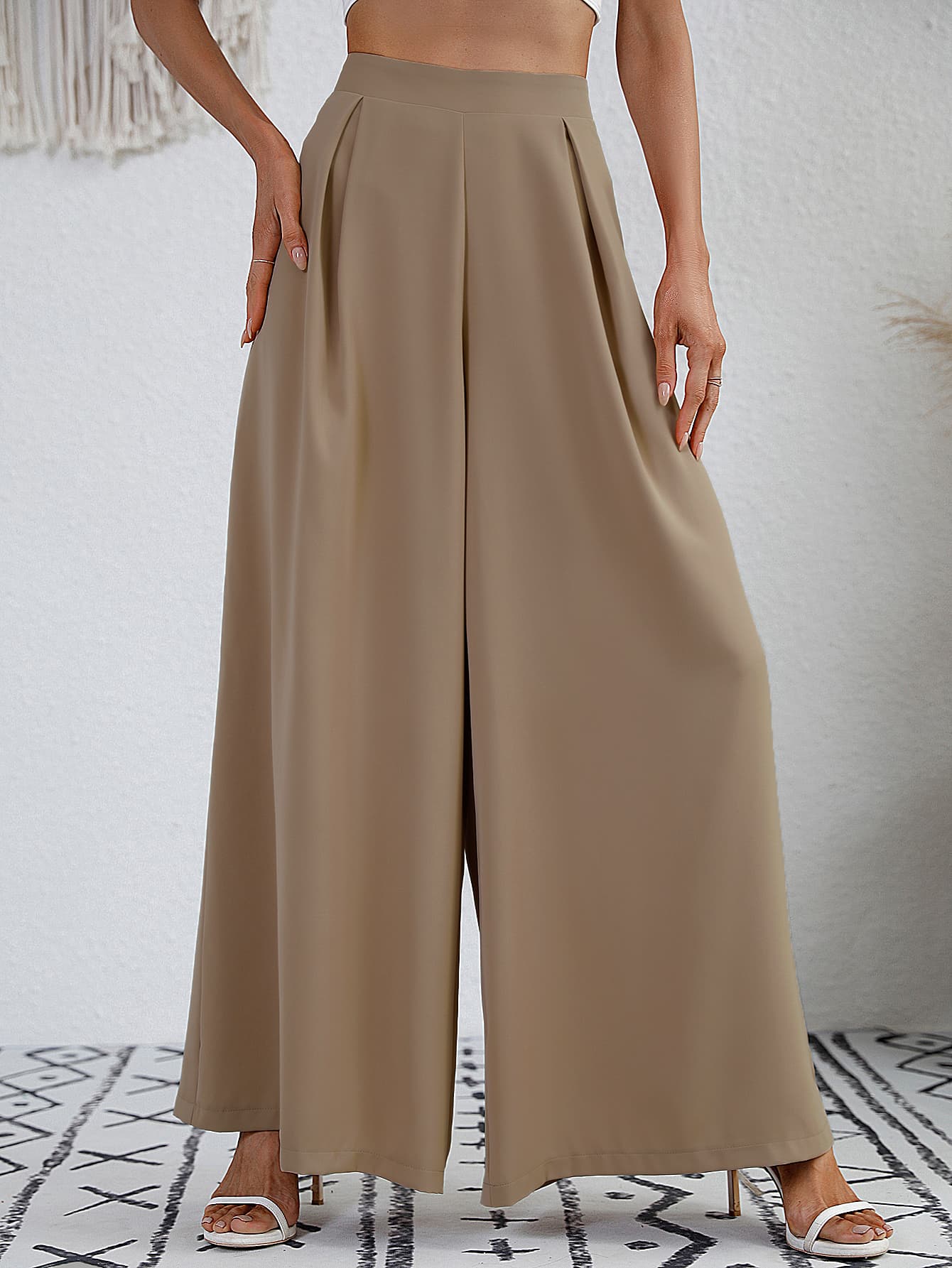 Twin Pleats Ultra Wide Palazzo Pants Trousers in Solid Camel
