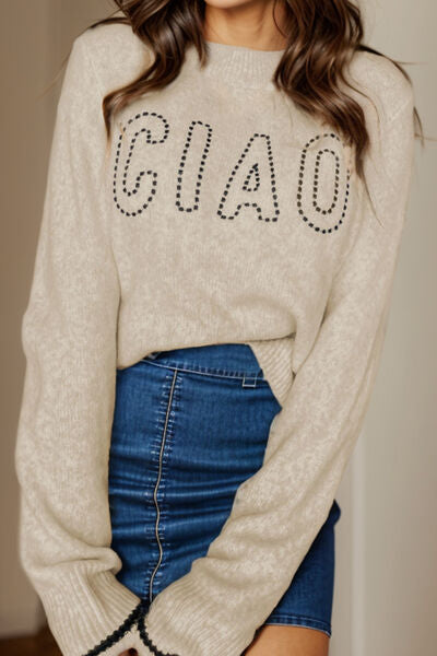 Italy "Ciao" Round Neck Dropped Shoulder Sweater in Natural