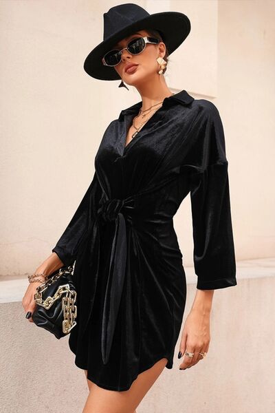 Zadie Tie Waist Collared Neck Mini Dress in Deep Black Velvet | Poundton