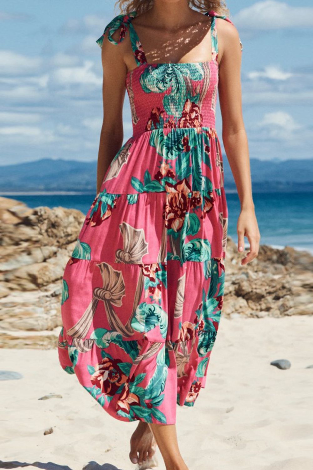Messina Summer Floral Tie-Shoulder Dress in Pink & Turquoise