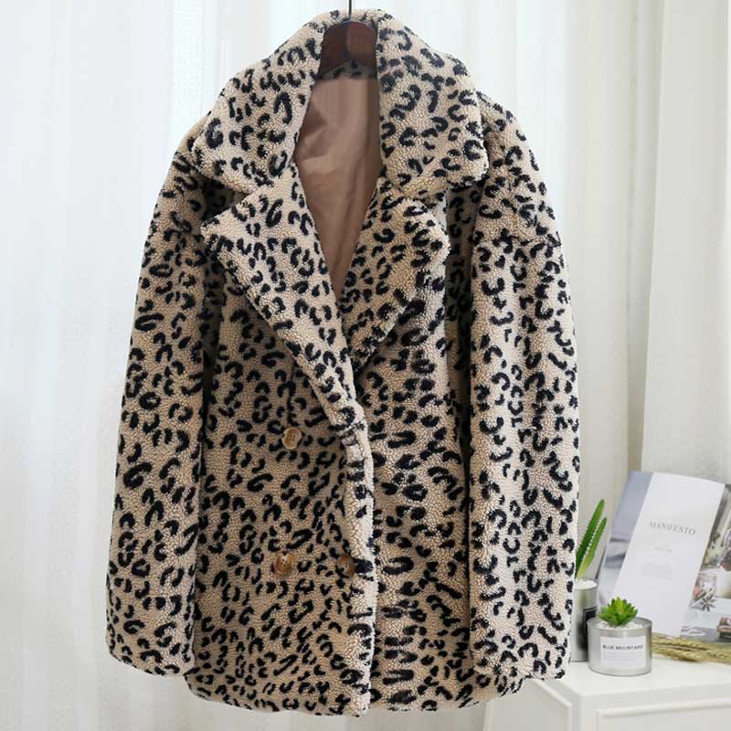 Leopard Print Fuzzy Teddy Jacket  Women Warm Fur Jacket Streetwear