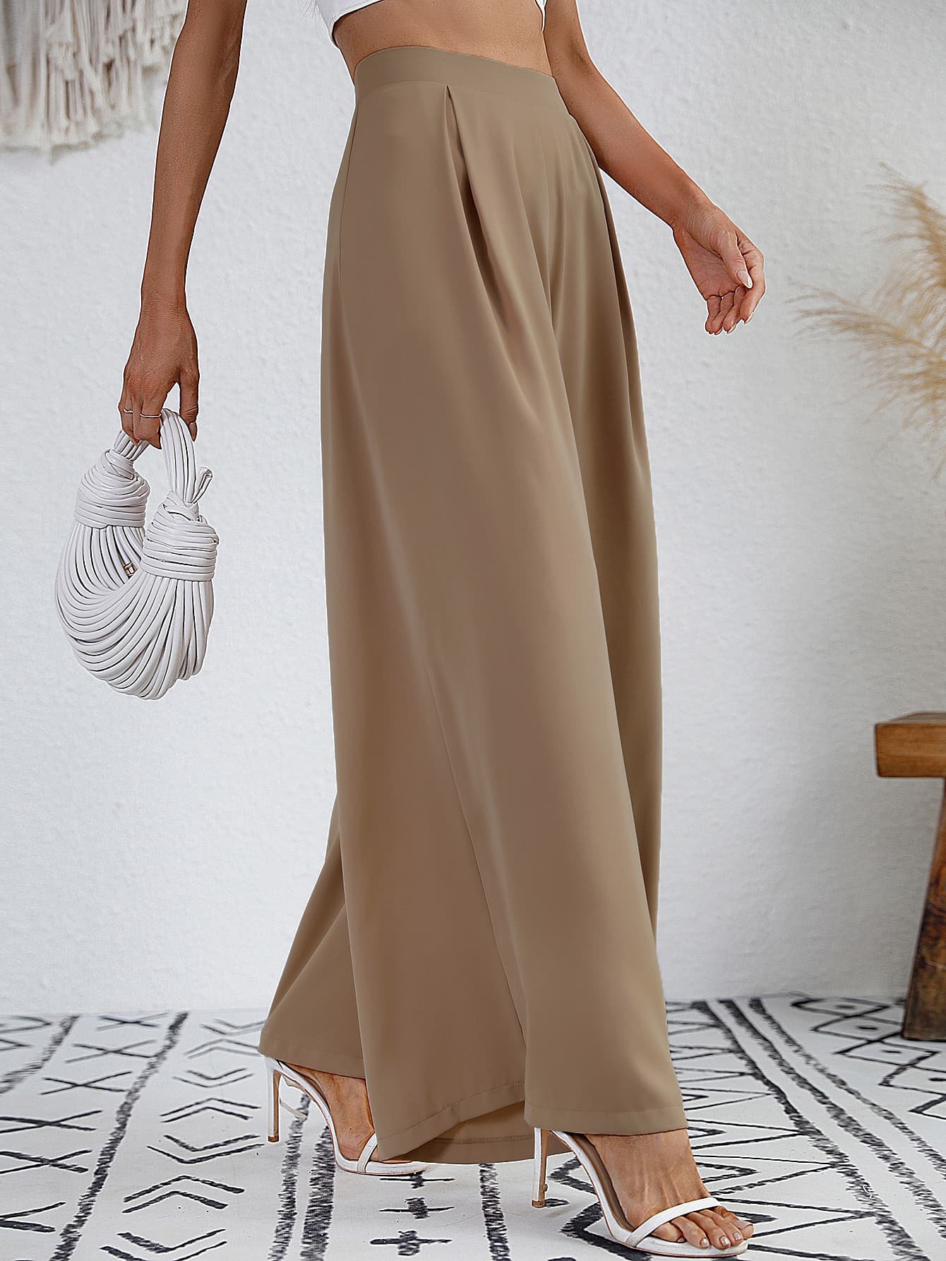 Twin Pleats Ultra Wide Palazzo Pants Trousers in Solid Camel