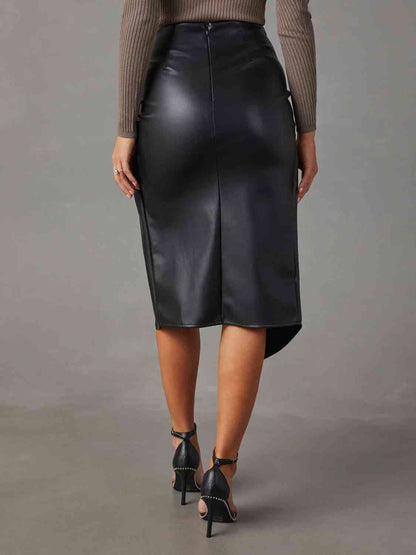 Sandra Twist Detail Faux Stretch Leather High Waist Skirt | 2 Colors | Poundton