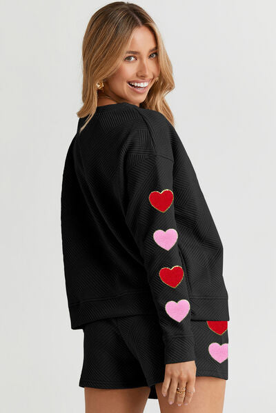 Love, Amy Top and Drawstring Loungewear Shorts Set with Heart Detail in Solid Black