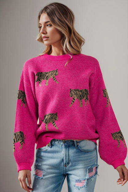 Wild Thing Tiger Design Knit Sweater in Fuchsia