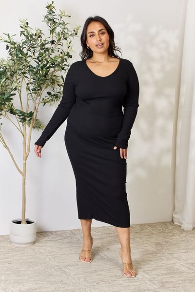 Stefany Ribbed Long Sleeve Slit Dress