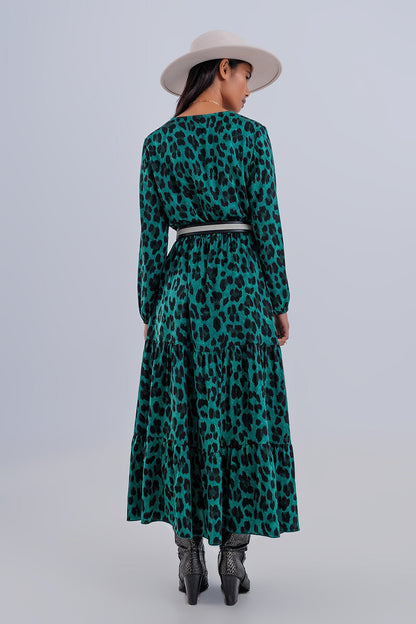 Gathered V-Neck Tiered Maxi Dress in Green Leopard Print | Q2