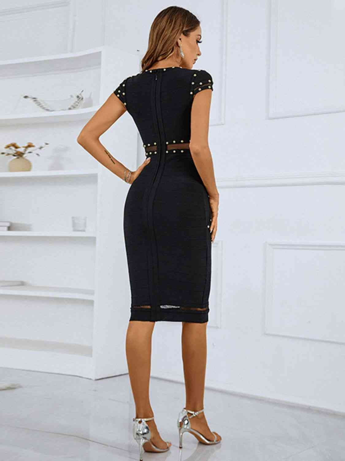 Genesis Studded Spliced Mesh V-Neck Dress in Solid Black Stretch Ponte