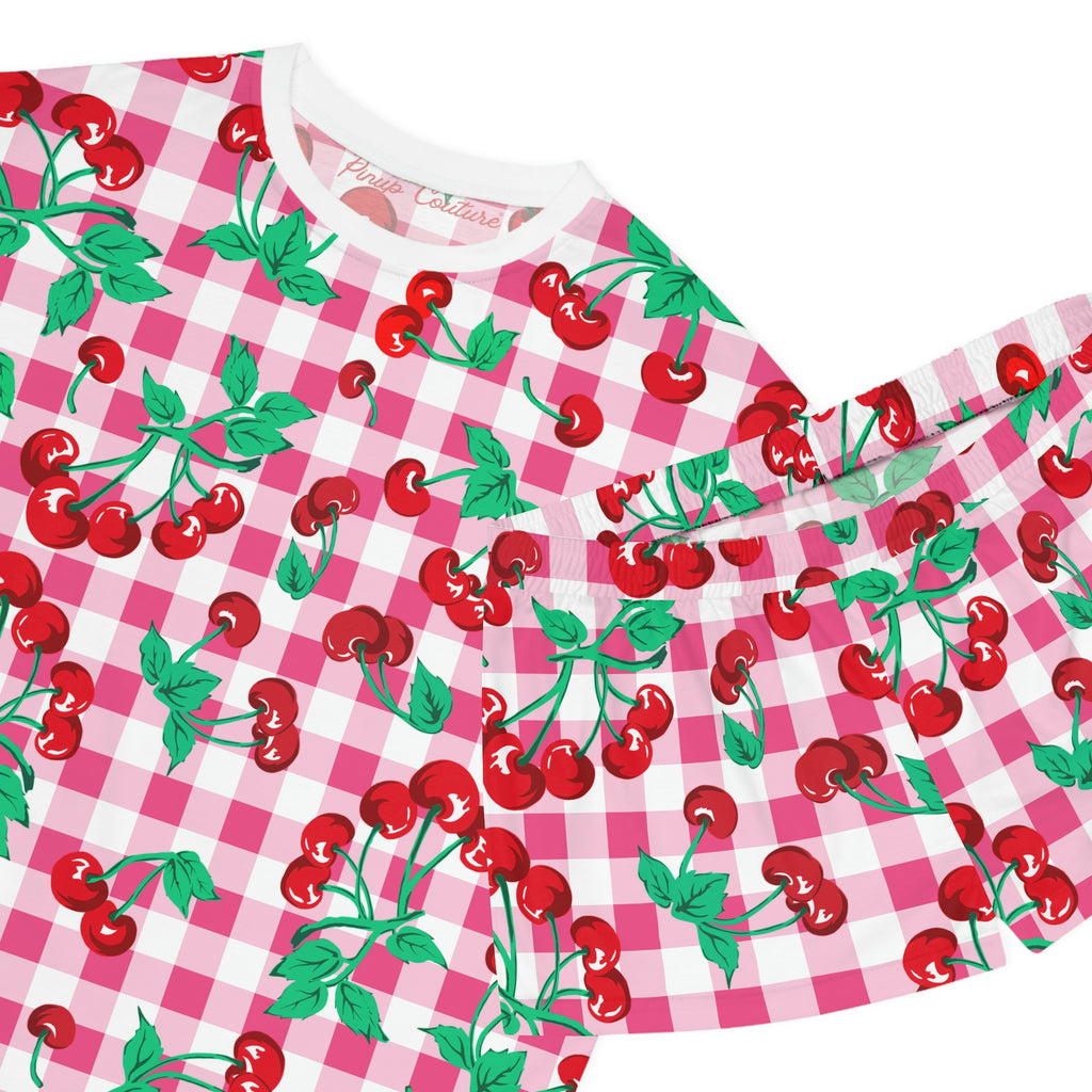 TGIF Sleepover PJs in Pink & White Gingham Cherry Girl Tee & Pajama Shorts-Set