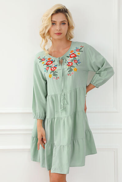 Bonnie Embroidered Tie Neck Dropped Shoulder Mini Dress in Light Green