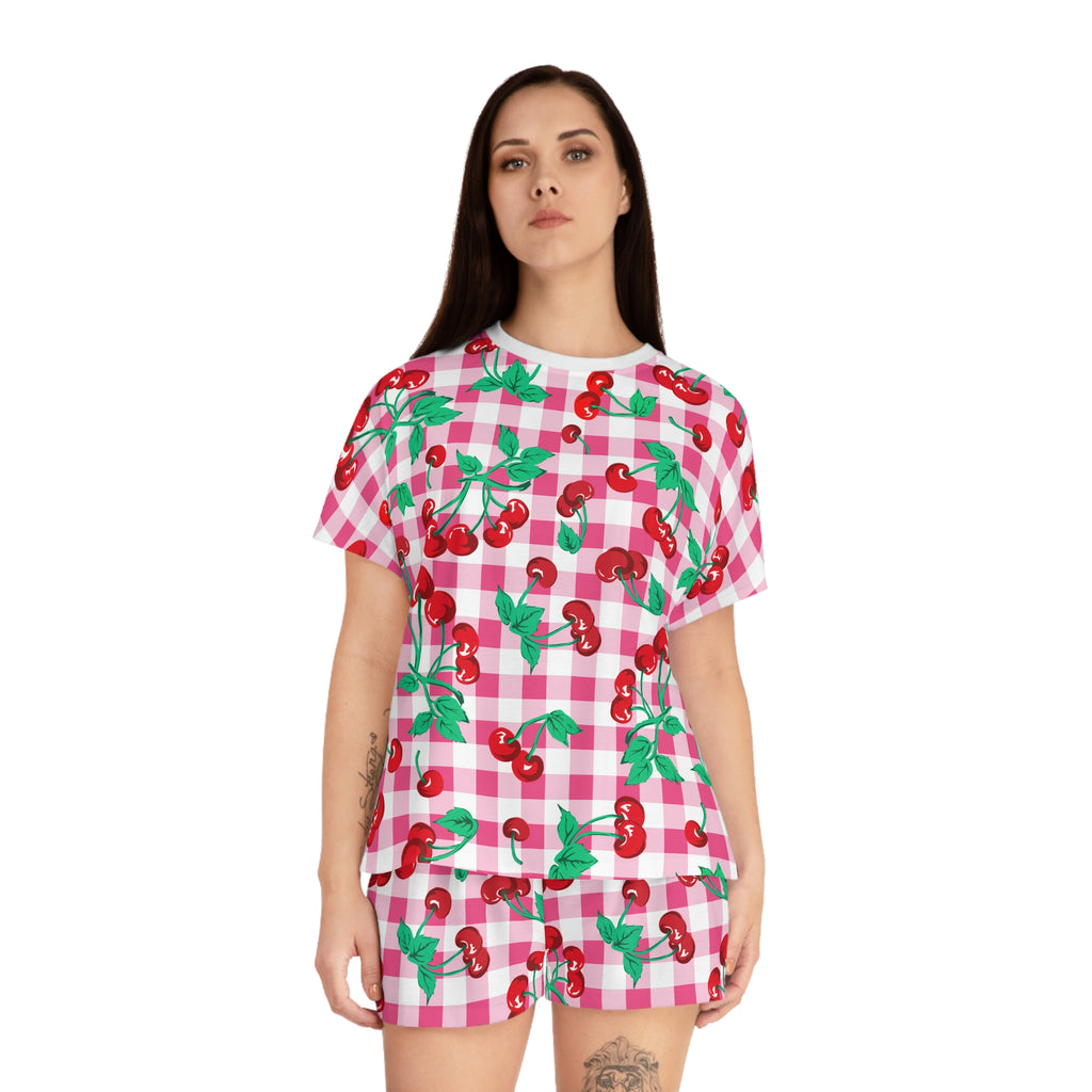 TGIF Sleepover PJs in Pink & White Gingham Cherry Girl Tee & Pajama Shorts-Set