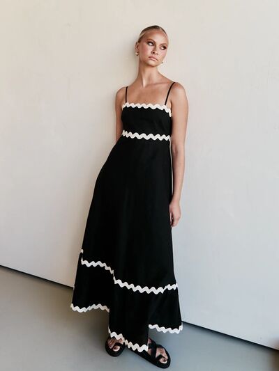 Amalfi Spaghetti Strap A-Line Maxi Dress with Contrast RicRac Trim | 4 Colors | Poundton