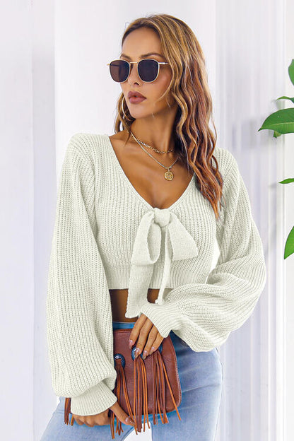 Alice Long Bishop Sleeve Cropped Sweater with Bow | 4 colors | Poundton