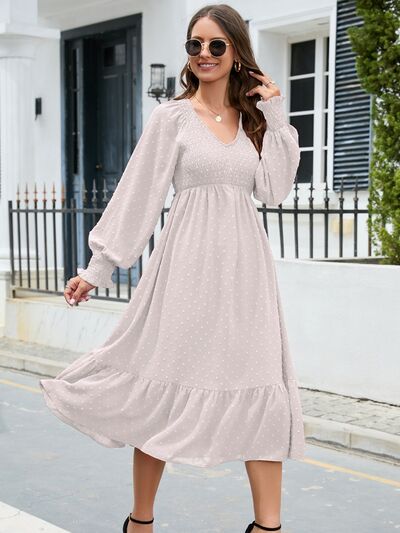 Zoe Swiss Dot V-Neck Smocked Lantern Sleeve Ruffle Hem Dress | 4 Colors