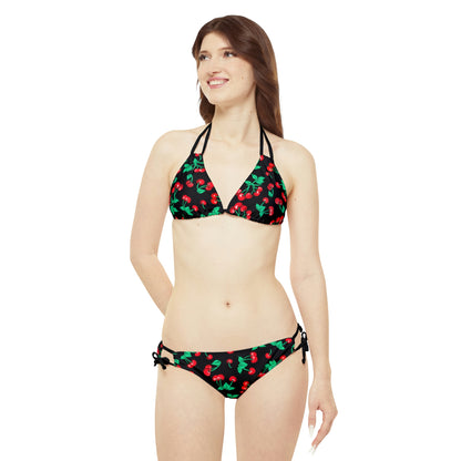 Alex Strappy Bikini Set in Black Vintage Cherry Print| Pinup Couture Swim