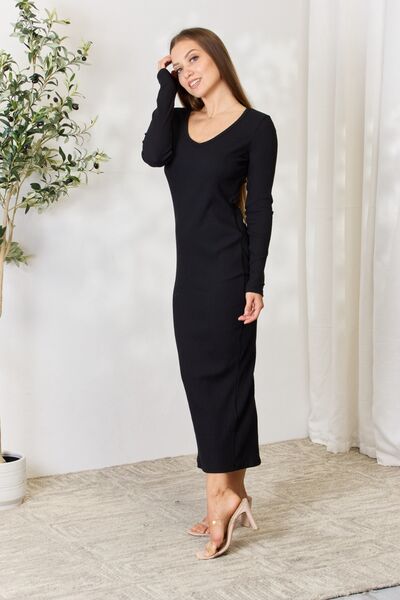 Stefany Ribbed Long Sleeve Slit Dress