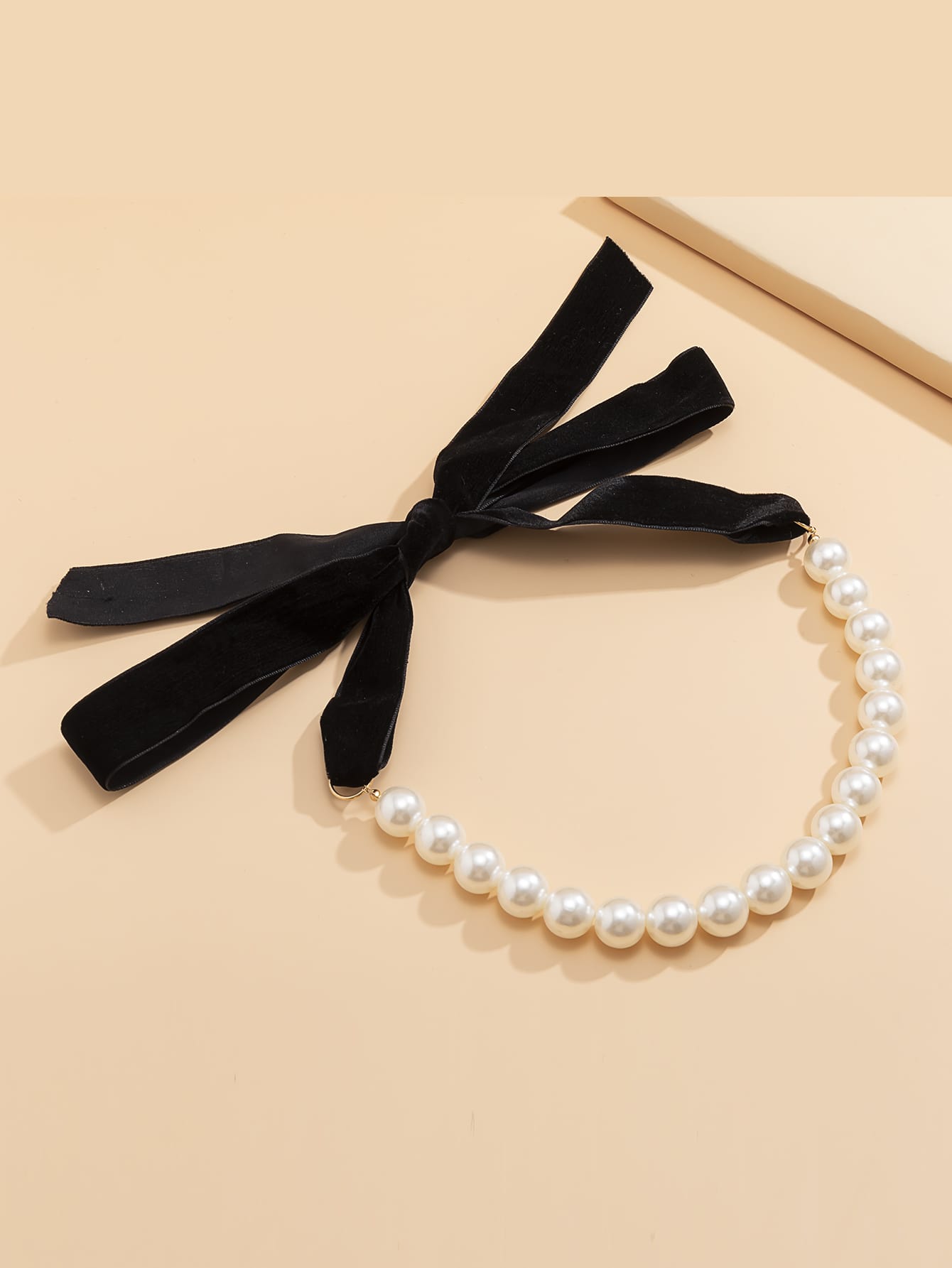 Elegance Tied in Faux Pearls Black Velvet Ribbon Necklace | BCNY