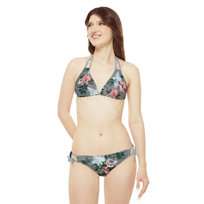 Antoinette Grey Bella Roses Strappy Bikini Set  | Pinup Couture Swim