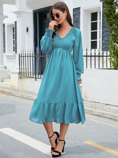 Zoe Swiss Dot V-Neck Smocked Lantern Sleeve Ruffle Hem Dress | 4 Colors