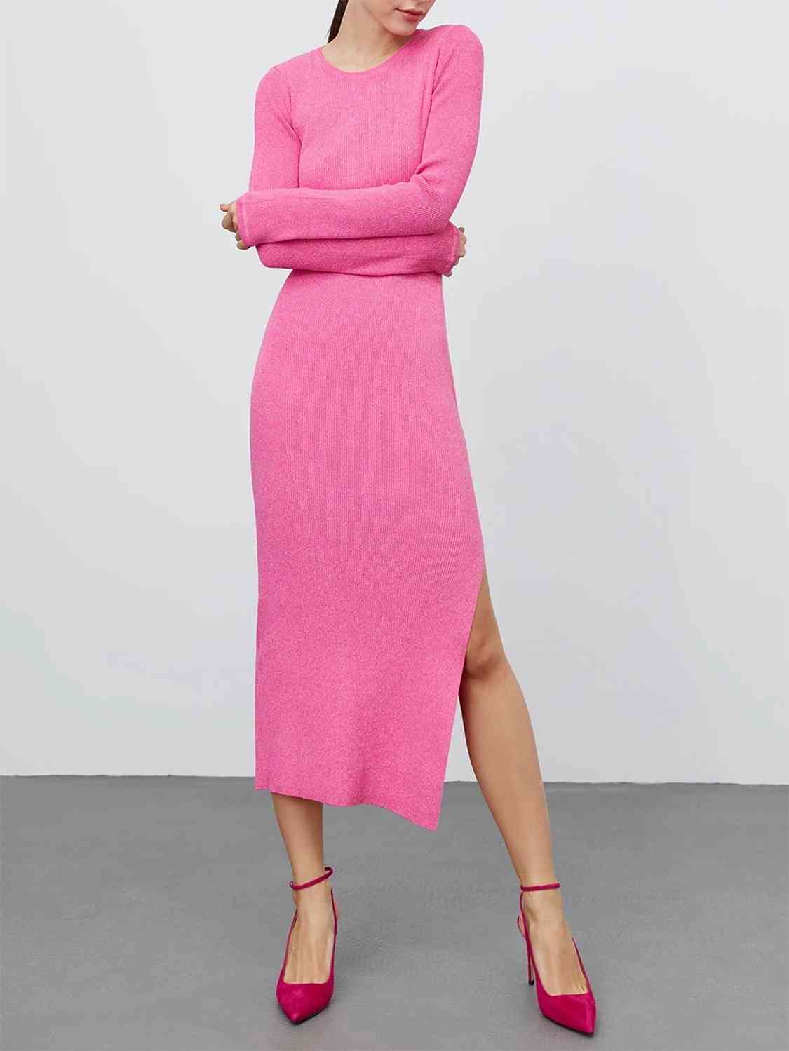Autoamerican 80's Round Neck Side Slit Sweater Dress Hot Pink / M Autoamerican 80's Round Neck Side Slit Sweater Dress Hot Pink / M