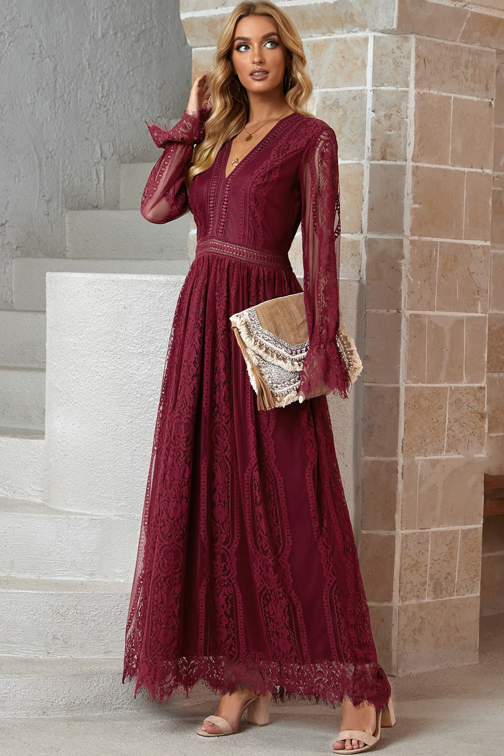 Dreams 70's Boho Lace Maxi Dress in Wine or Wedding White