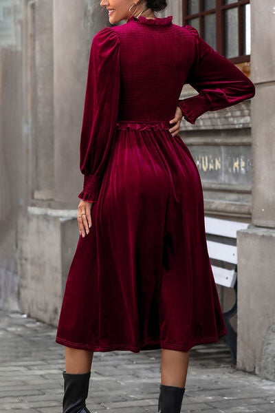 Blair Smocked Lantern Sleeve Midi Dress in Deep Rose