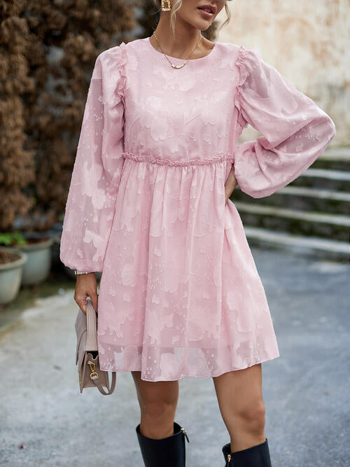 Angelina Chiffon Overlay Bishop Sleeve Babydoll Mini Dress | Baby Pink or Ivory