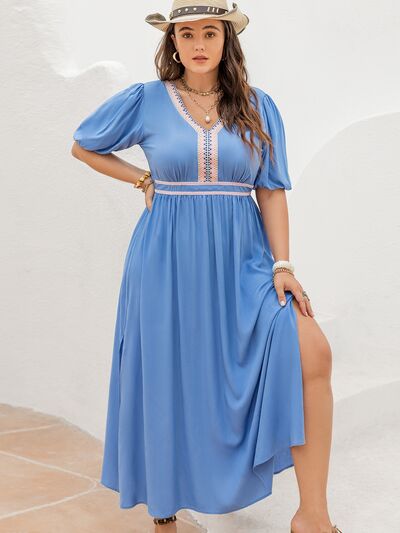 Santorini Athena Plus Size Slit Short Sleeve Dress in Light Blue